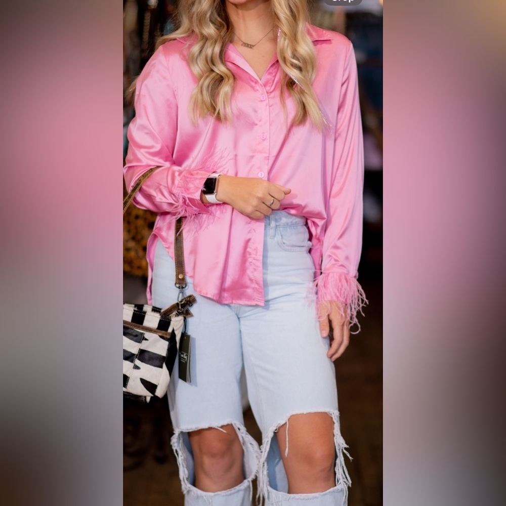 Pink Feather Sleeve Blouse